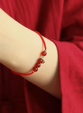 水晶红玛瑙手链女本命年红绳编织手绳情侣学生闺蜜平安福礼物