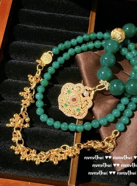 新中式人工绿玉髓镀金雕花平安锁手链 镀18K金绿玛瑙民族风手串女