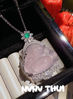 马达加斯加天然粉紫玉髓佛公吊坠项链  珠宝 水沫玉白冰葫芦项链