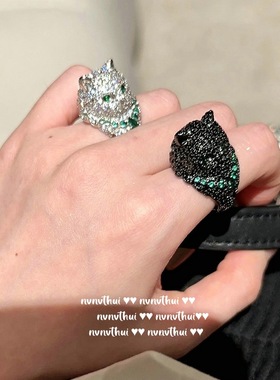 古巴比伦钢琴黑小猫满钻开口戒