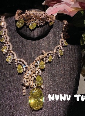 意大利高定复古猎豹璀璨宝石新娘项链名媛宴会黄萤石豹子手链套装