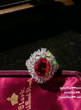 复古红玫瑰宝石晚宴花朵女戒指 名媛气质年会鸽血红锆石围镶指环