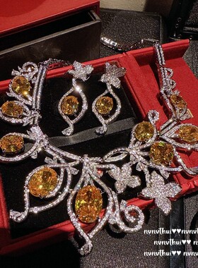 奥地利奢华宫廷鸢尾璀璨花瓣项链 名媛宴会超闪锆石新娘耳环 套装