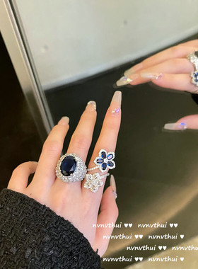 复古超闪璀璨深海蓝旦形宝石戒指 气质年会镀金雪花锆石霜花女戒