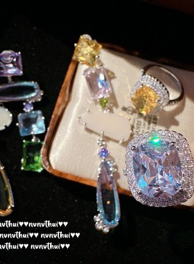 玛格丽特多彩水滴宝石镀金耳环轻奢超闪大克拉气质公主方锆石戒指