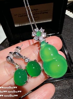 巴西绿玛瑙玉髓气质葫芦福禄项链毛衣链 新中式国风显白汉服耳环