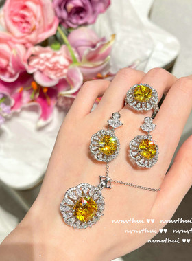 辛德瑞拉鹅黄轻奢璀璨宝石花朵项链 镀18K金黄锆石气质宴会戒指女