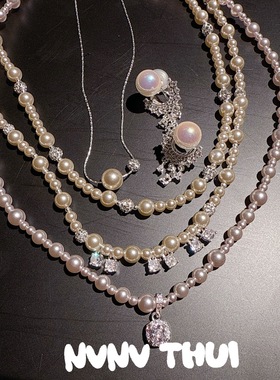 名媛简约气质宴会宝石通勤珍珠项链女 婚礼澳白气泡方糖贝珠耳环