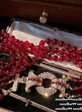 贵妇胭脂红玛瑙气质宴会宝石项链 复古镀18K金石榴锆石琉璃珠耳环