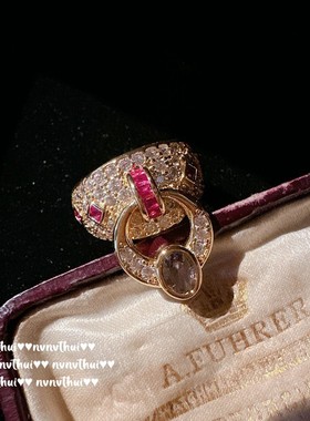 法拉赫气质皇冠方糖水滴宝石戒指 古董感镀18K金贵妇锆石环扣指环