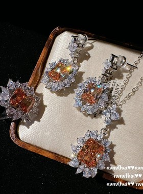 落日熔金气质宴会宝石花朵项链 轻奢年会镀18K金香槟水滴锆石耳环