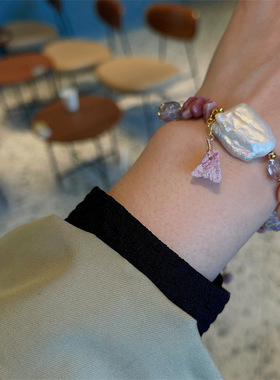 轻奢民族风不规则玫瑰石手链 淡水珍珠气质可抽拉碎石手串女饰品