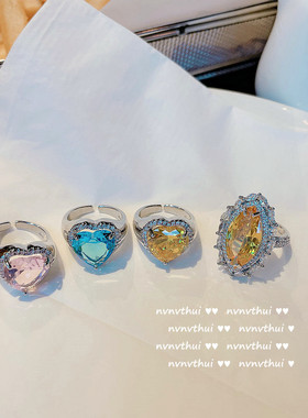 奢华璀璨宫廷时尚轻奢水滴戒指 镀金多切面复古锆石爱心开口指环