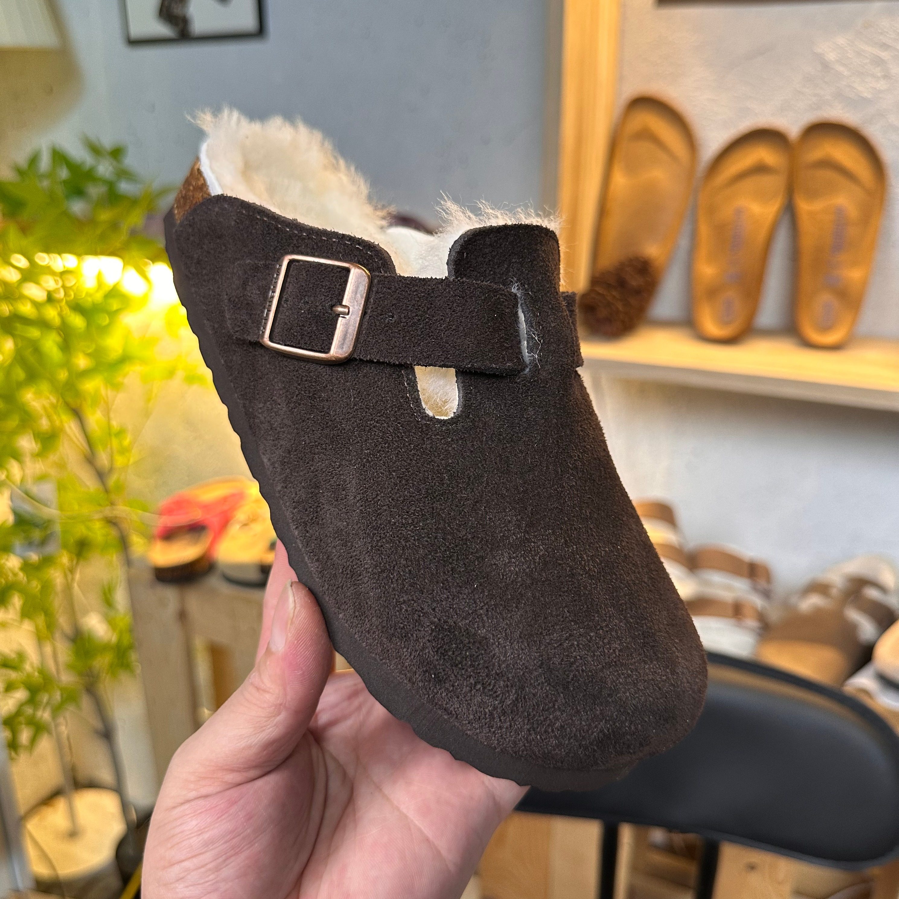 半包勃肯鞋头层牛皮羊毛一体保暖一脚蹬秋冬加绒毛毛鞋防滑平底,淘宝优惠券,粉丝福利购,淘宝优惠卷