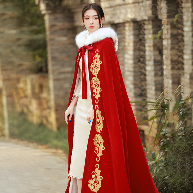 中式古装斗篷2021年酒红色结婚旗袍 惜淑汉服