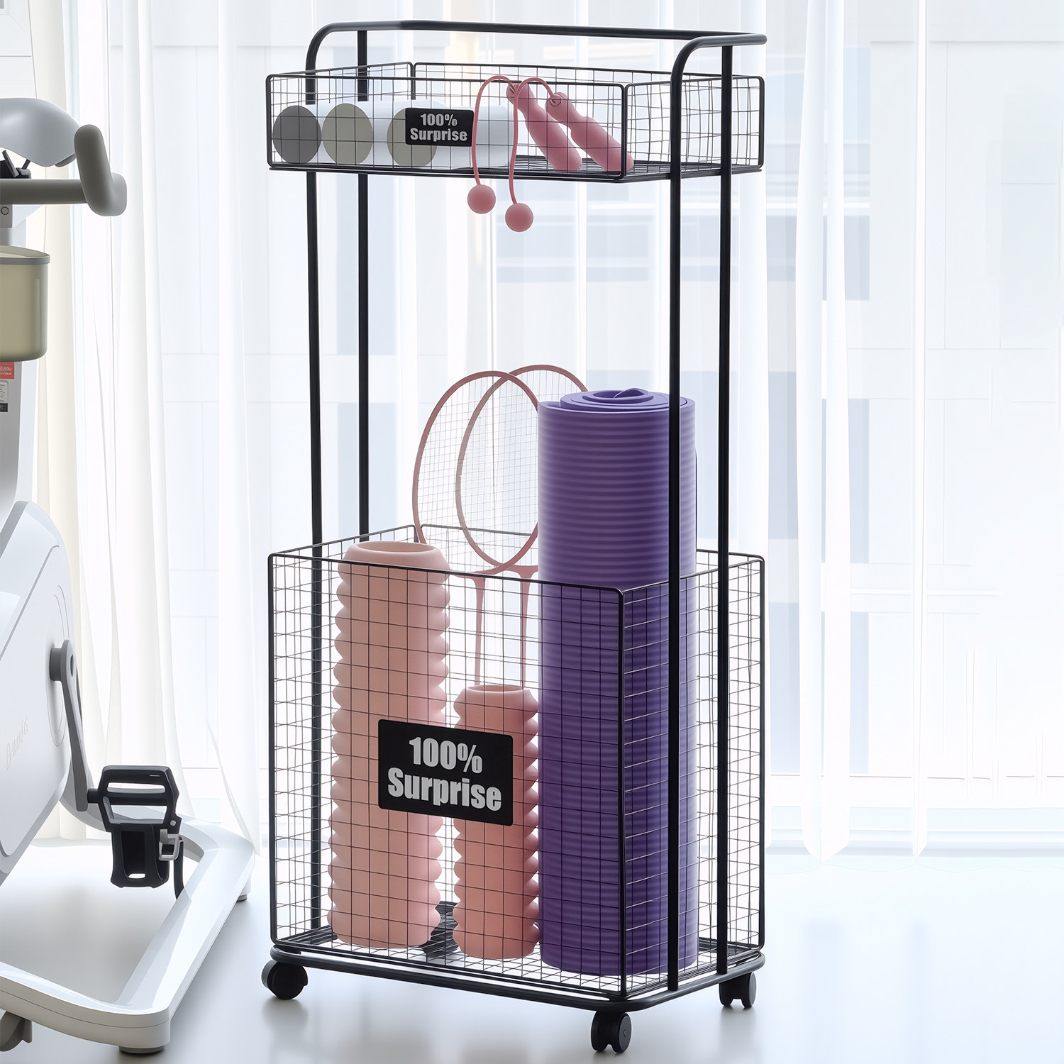 瑜伽垫收纳筐运动健身器材置物架家用羽毛球带轮可移动落地收纳架,淘宝优惠券,粉丝福利购,淘宝优惠卷