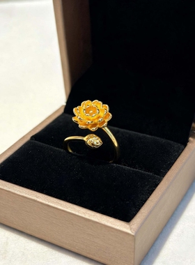 杭州正品莲莲有钱花戒指金色莲花双朵莲开口指环女文创饰品礼品