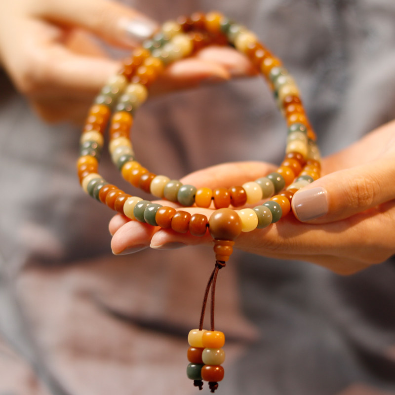 风化白玉菩提根多宝珠手链项链阴皮桶珠苹果珠佛珠手串108颗男女 尚学习吧