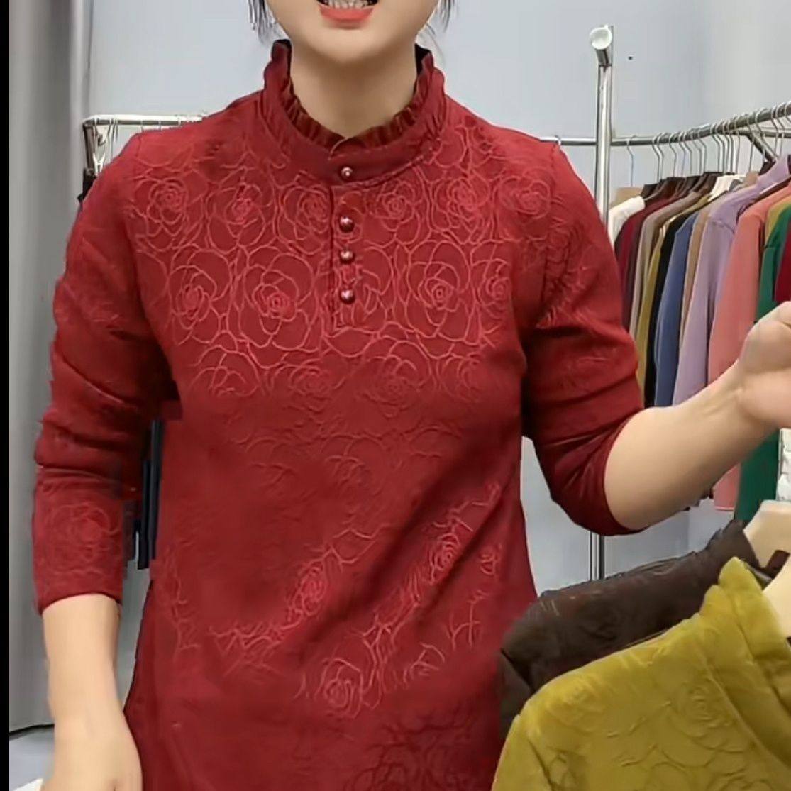 妈妈百搭提花长袖加绒中式T恤加厚秋冬保暖新款上衣时尚洋气打底,淘宝优惠券,粉丝福利购,淘宝优惠卷