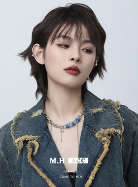 蓝色毛绒项链女轻奢高级感小众设计锁骨链ins风百搭精致气质项饰