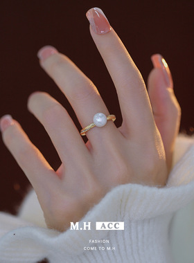 珍珠几何开口戒指女款设计感小众高级指环时尚个性百搭食指戒