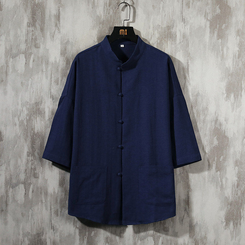秋季薄款立领七分袖改良中国风盘扣衬衫青年男士棉麻纯色口袋上衣,淘宝优惠券,粉丝福利购,淘宝优惠卷