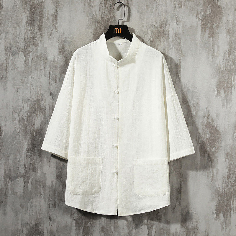秋季薄款立领七分袖改良中国风盘扣衬衫青年男士棉麻纯色口袋上衣,淘宝优惠券,粉丝福利购,淘宝优惠卷