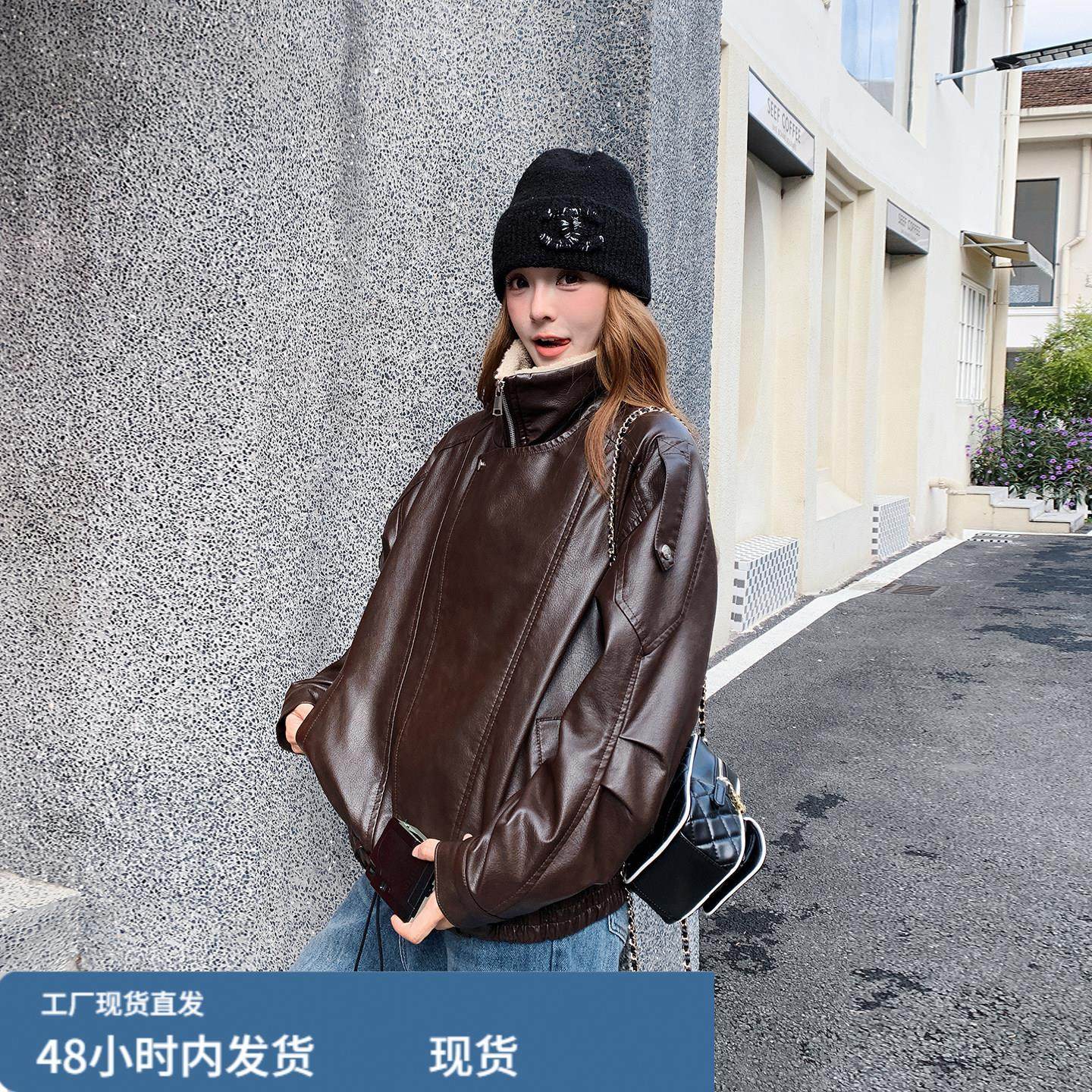 咖色高级感皮毛一体皮衣外套2025新款女冬机车风夹棉美拉德派克服,淘宝优惠券,粉丝福利购,淘宝优惠卷