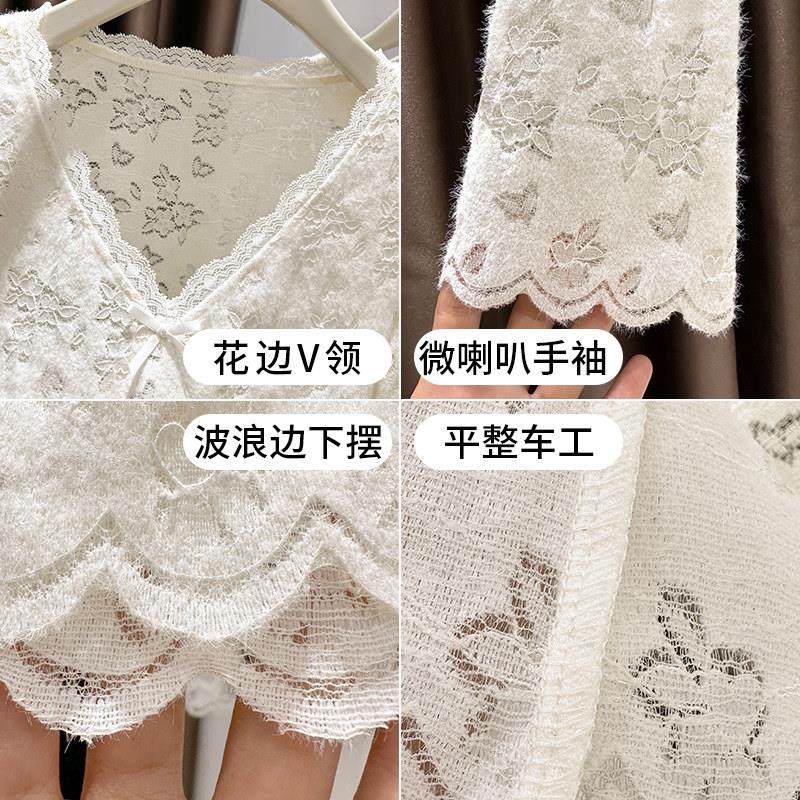 高端性感花边V领磨毛蕾丝打底衫女秋冬季内搭T恤喇叭袖蝴蝶结上衣,淘宝优惠券,粉丝福利购,淘宝优惠卷