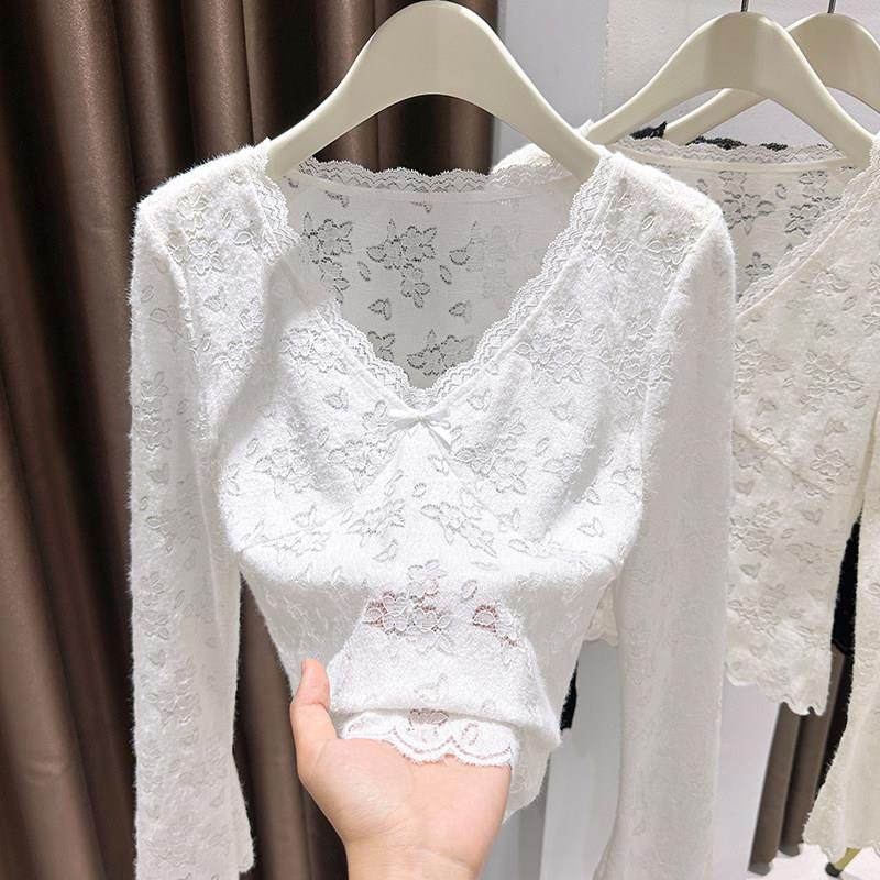 高端性感花边V领磨毛蕾丝打底衫女秋冬季内搭T恤喇叭袖蝴蝶结上衣,淘宝优惠券,粉丝福利购,淘宝优惠卷