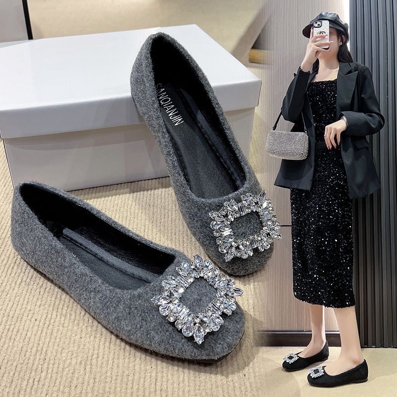 2025新款水钻方头平底毛毛鞋女春季外穿年韩版气质平底单鞋,淘宝优惠券,粉丝福利购,淘宝优惠卷
