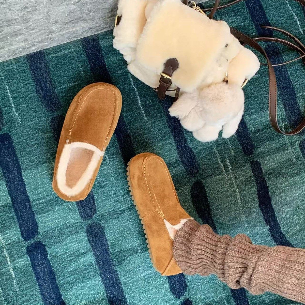 真皮~复古一脚蹬加绒乐福鞋女2025冬季新款厚底保暖棉鞋女豆豆鞋,淘宝优惠券,粉丝福利购,淘宝优惠卷