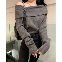 Short open-shoulder sweater womens spring clothing 2022 early spring New advanced senses lined with shoulder-knitted sweatshirt design sensation blouse