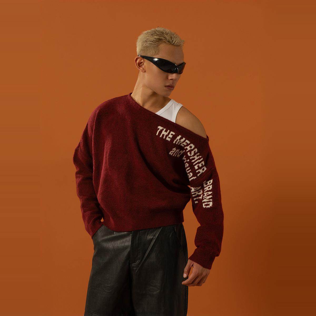 CLP黑红灰船领宽松露肩针织衫毛衣男女潮流弹力羊毛落肩潮流长袖,淘宝优惠券,粉丝福利购,淘宝优惠卷