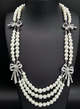 中古vintage复古蝴蝶结珍珠项链宫廷风小众气质多层链锁骨链项链