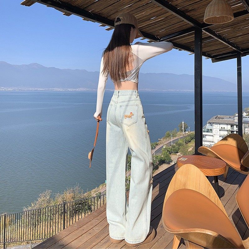 美式卡通腊肠狗阔腿牛仔裤女2025新款立体刺绣显瘦宽松阔腿牛仔裤 - 图2