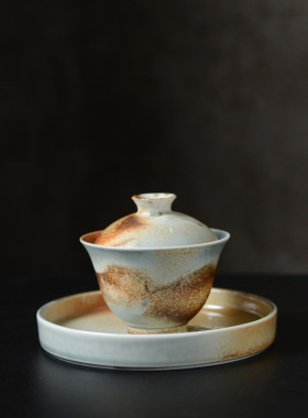 柴烧炮台云纹可储水圆形壶托茶盘