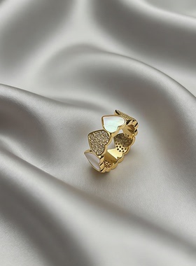 个性镶嵌满钻贝壳爱心形金属戒指