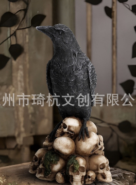 跨境新款神秘暗黑风骷髅动物猫与乌鸦雕像摆件树脂工艺品家居装饰