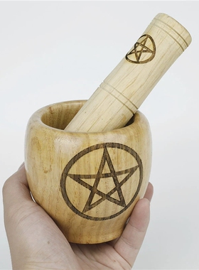 跨境新款 原木雕刻五芒星 三相月女神 木质捣药器 捣药罐祭坛摆件