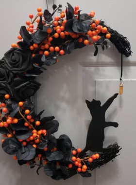 万圣节哥特玫瑰月亮猫花环门饰