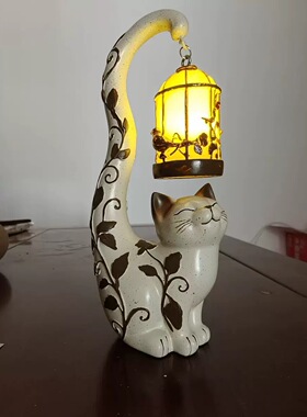 跨境新款复古猫咪提鸟笼小夜灯花园创意装饰家居装饰树脂工艺品