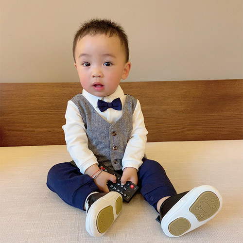 男宝宝绅士周岁礼服连体衣爬服春秋婴儿哈衣百天满月服外出衣服潮 - 图0