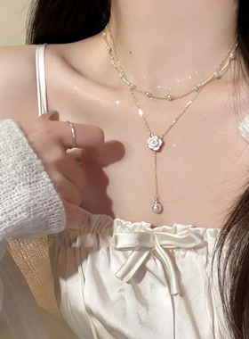 山茶花双层珍珠项链女夏轻奢感小众设计脖颈链气质流苏锁骨链