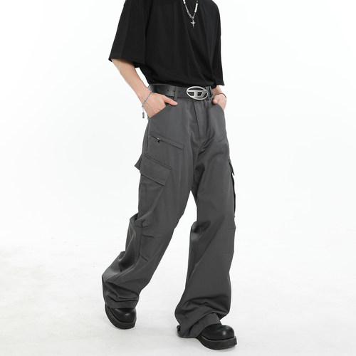 DISOBEY美式复古vibe多口袋工装裤宽松设计感西裤直筒褶皱伞兵裤-图0