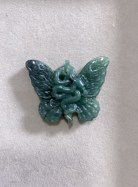 新款蛇蝶天然岫玉蝴蝶吊坠挂件男女款玉石项链毛衣链锁骨链青花