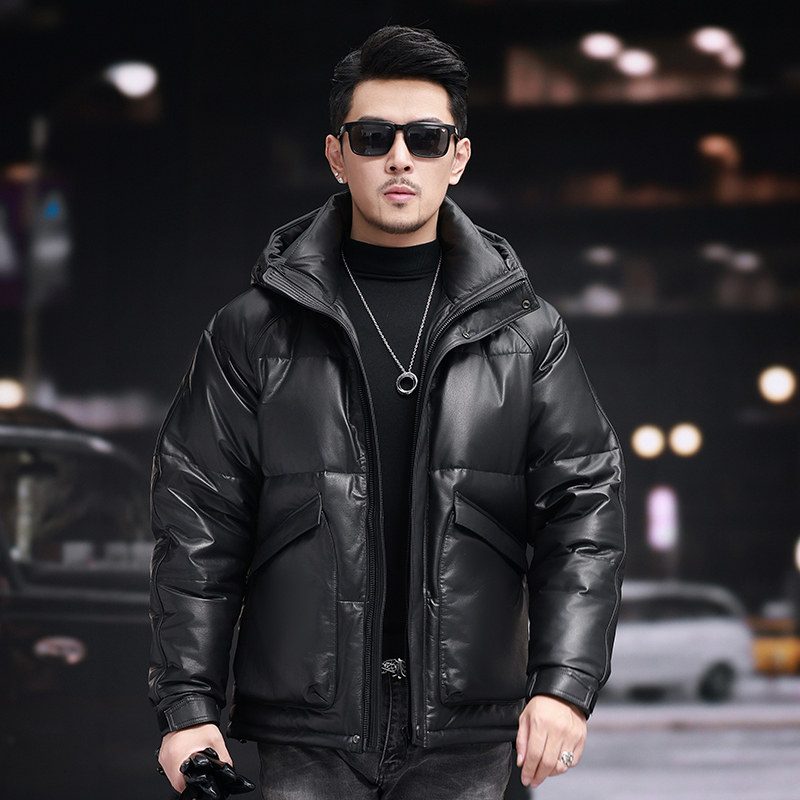 高档轻奢进口头层小牛皮鹅绒外套男真皮皮衣羽绒服连帽加厚皮夹克,淘宝优惠券,粉丝福利购,淘宝优惠卷
