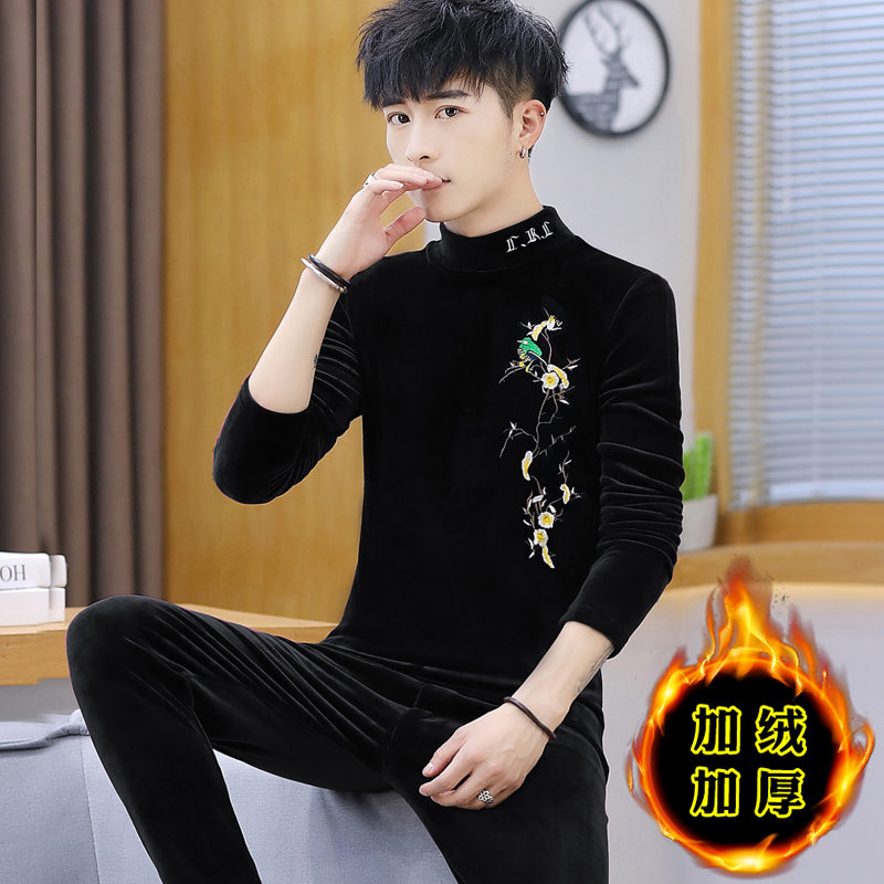 男士保暖内衣金丝绒套装加绒加厚中领打底衫冬季青年学生秋衣秋裤 - 图0