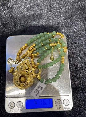 鉴刻葫芦如意锁碧绿圆珠项链新年新款古典气质平安锁毛衣链