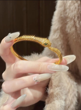 沙金镶嵌灵蛇卡扣手镯新中式点钻咬尾蛇手镯